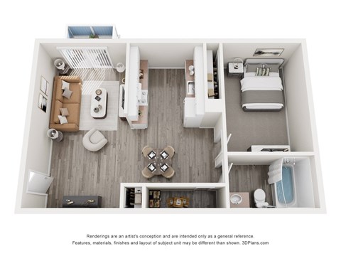 Floor plan for 1 bed, 1 bath, 627 sqft